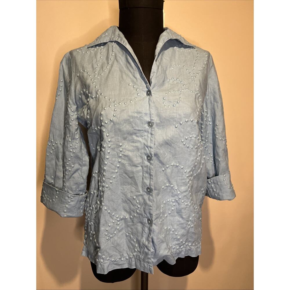 Jones New York‎ Signature 100% Linen Light Blue Blouse Nubbs Pattern3/4 Sleeve